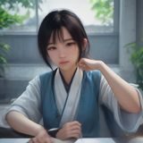 lianzu 资深编辑林晓琪的照片，正在认真查阅数据报告，桌面整洁，表情专注